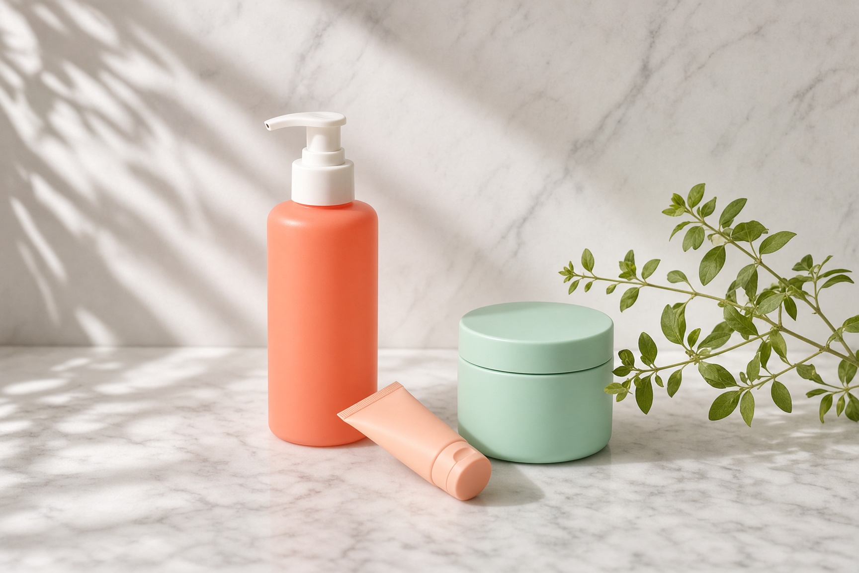 Coral, mint and peach skincare bottles on pale marble with a sprig of greenery