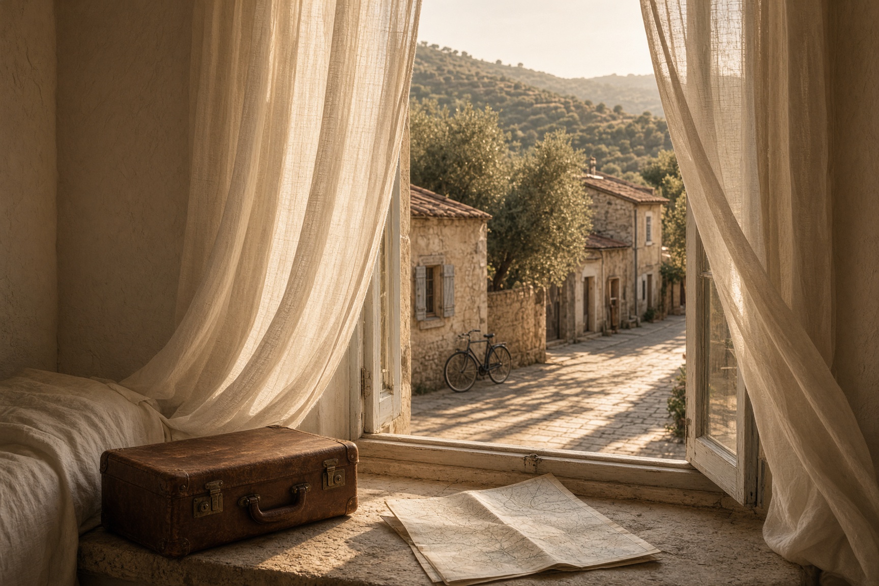 Looking out a hotel window onto a sunlit stone street, a suitcase waiting just inside the sill