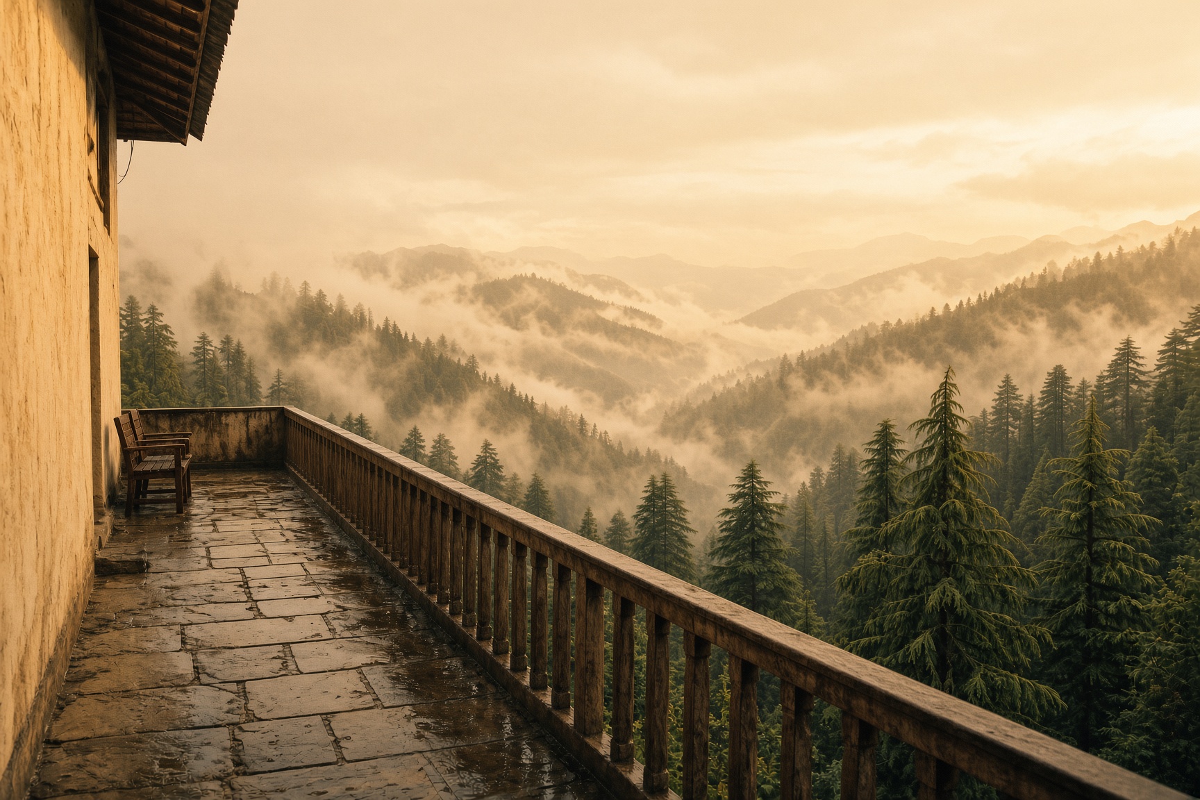 An empty guesthouse terrace looking over deodar pines and monsoon mist
