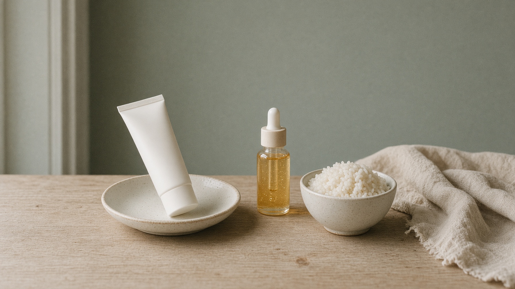 A quiet skincare still life with a white tube, golden serum, and a bowl of rice in window light