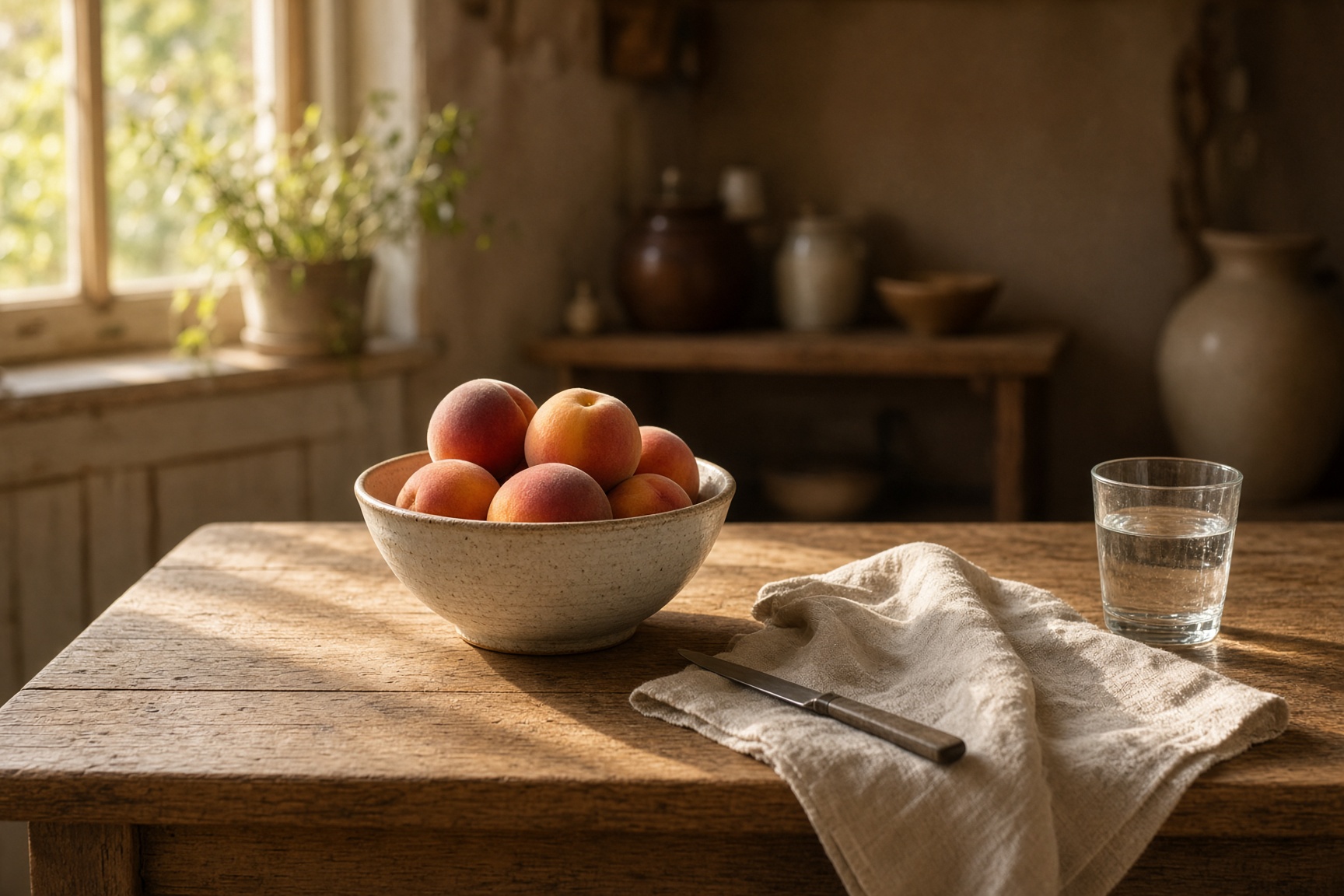 A cream kitchen with a wooden table, a bowl of fruit, and a tall window of morning light