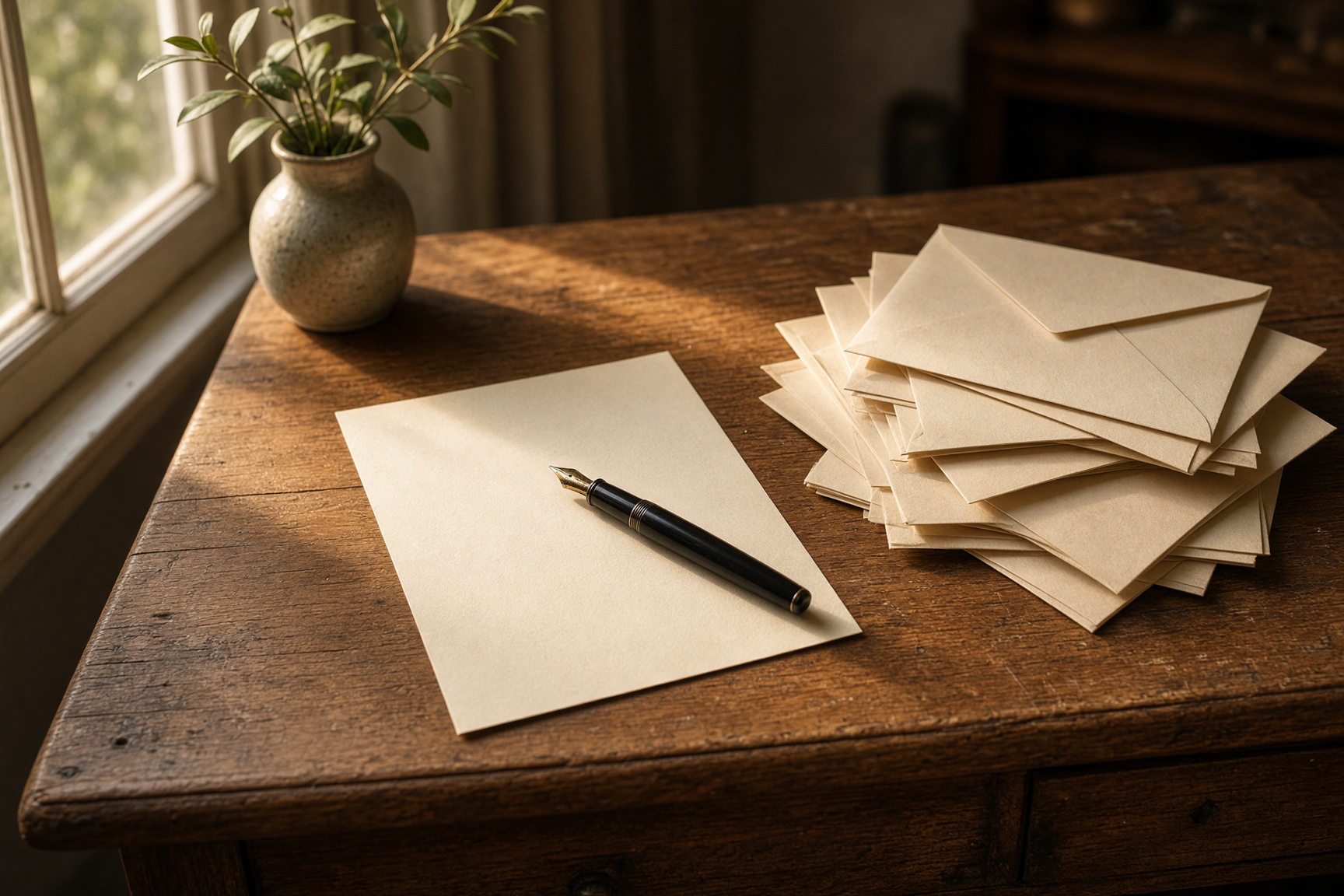 Folded letters, a fountain pen, and a linen envelope on a wooden desk in window light