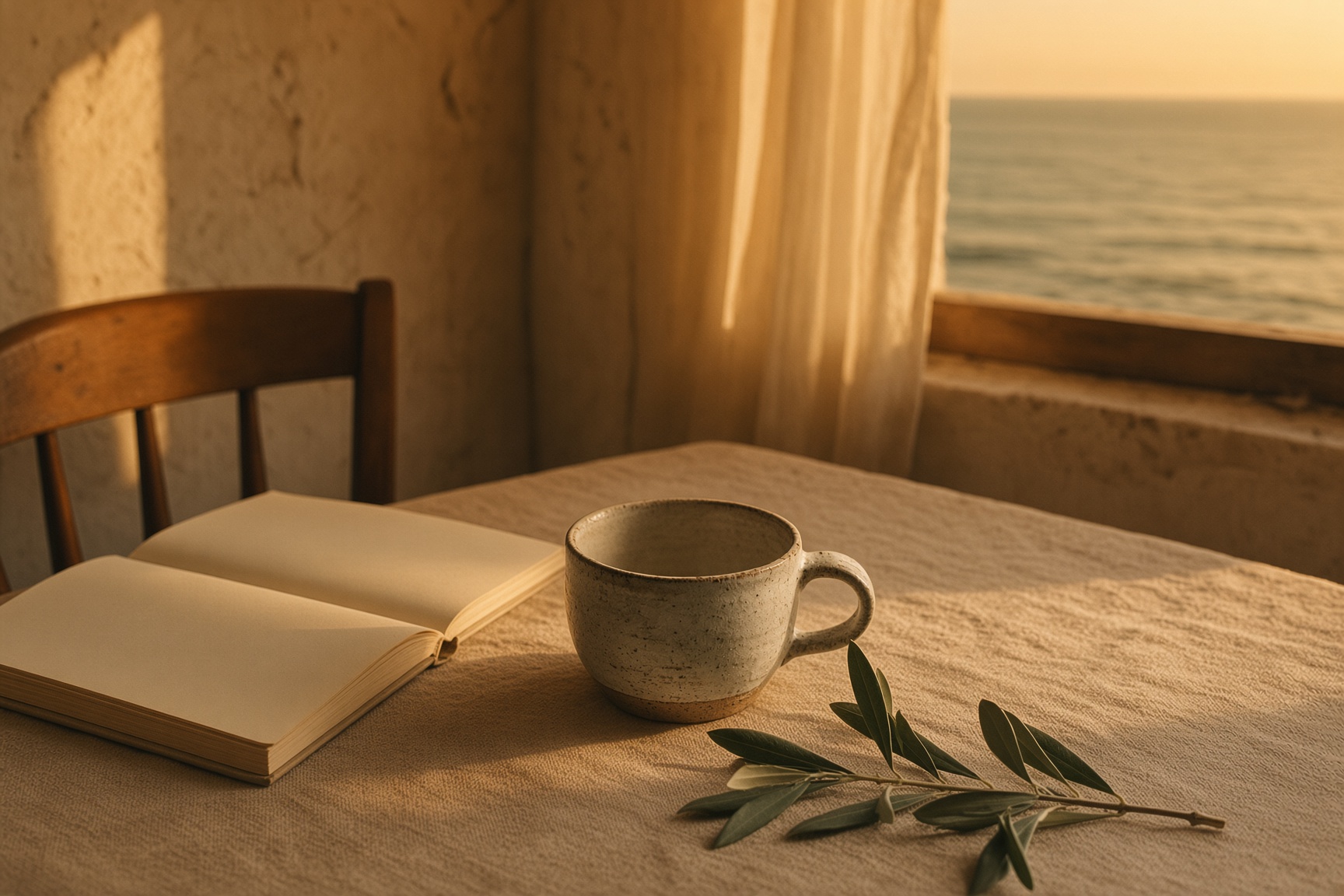 A ceramic cup, an open book, and olive leaves in a pool of window light