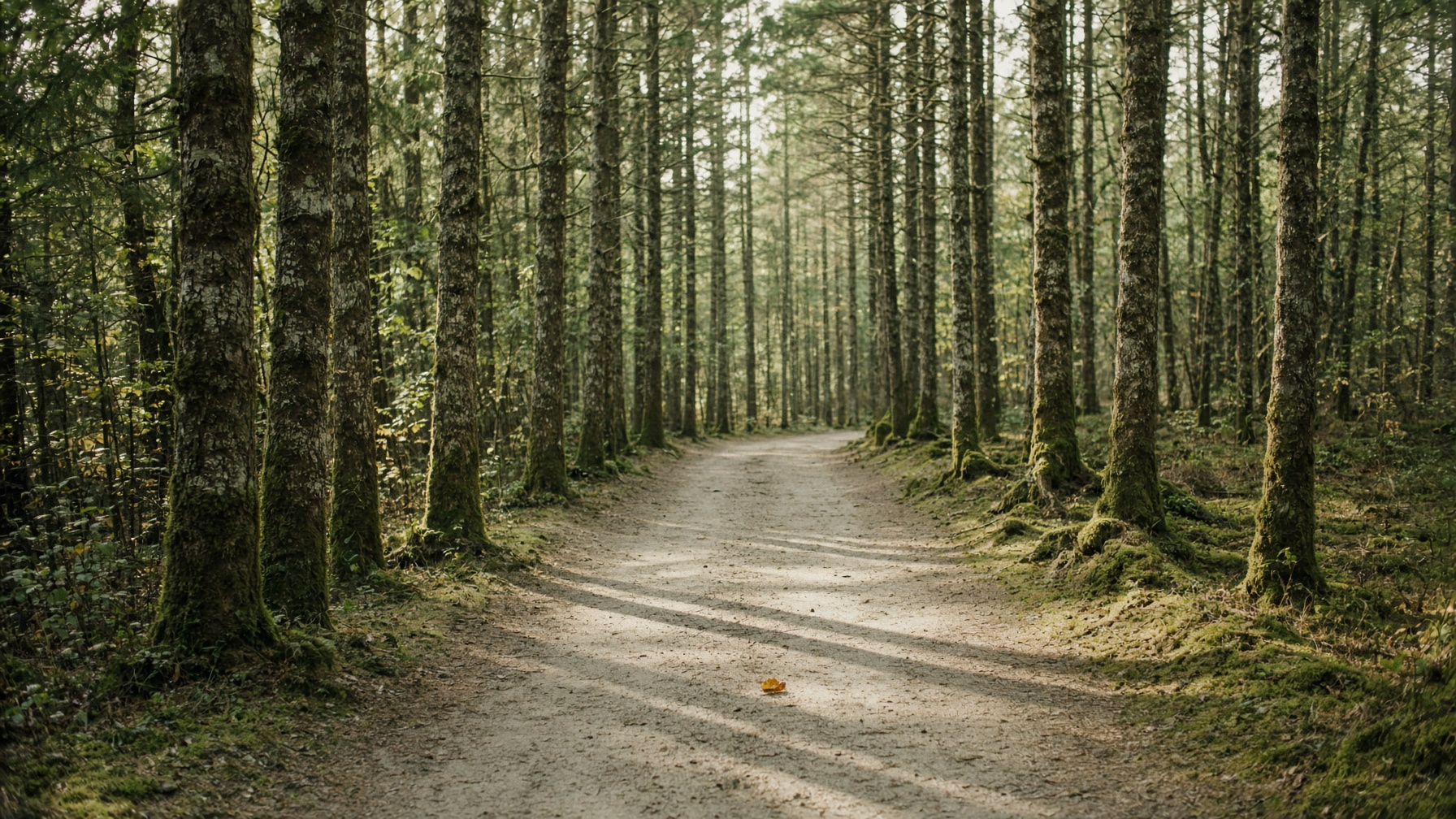 A pale dirt path through tall trees in late-summer light, one fallen leaf on the ground