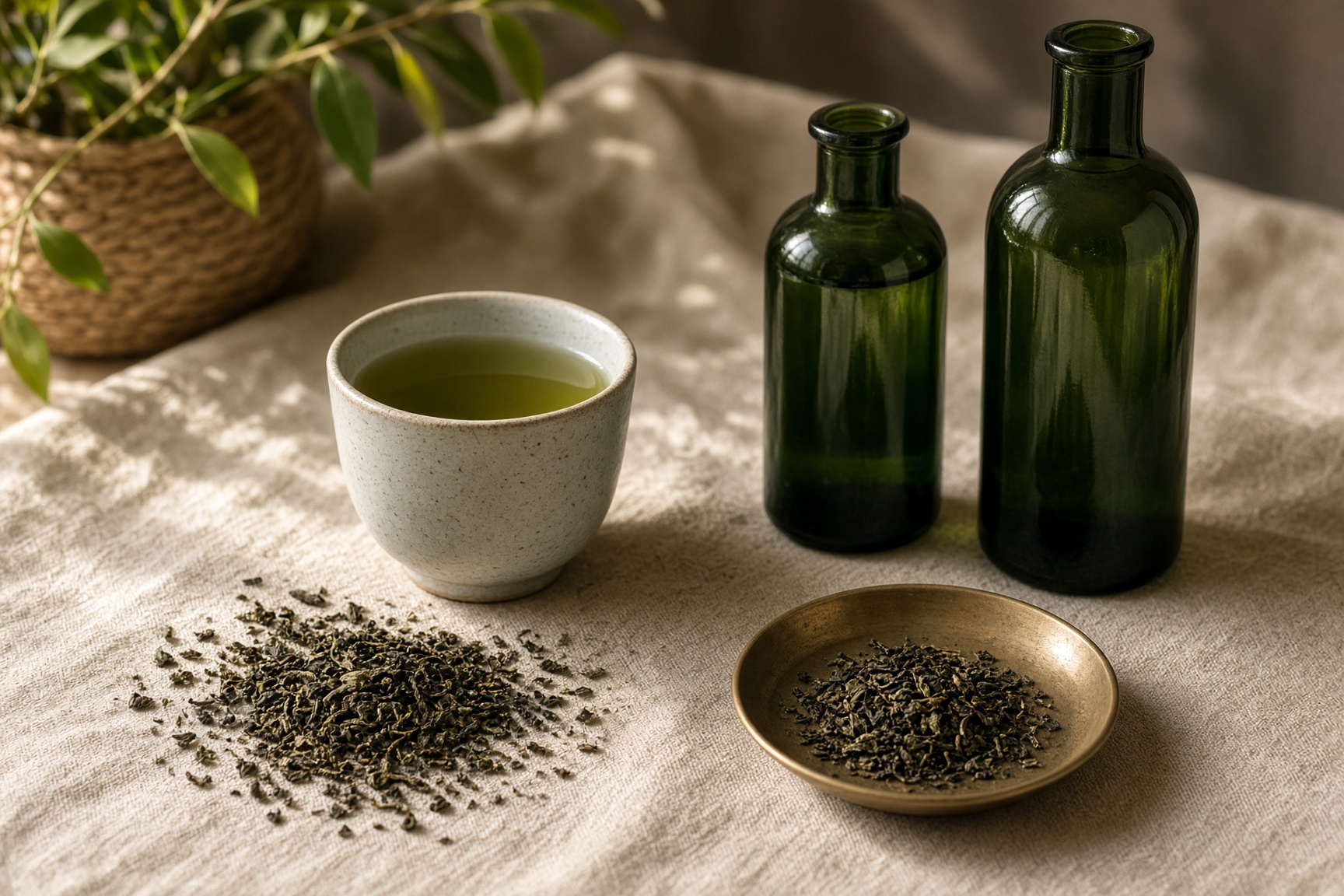 A cup of green tea, loose leaves on linen, and two dark green glass bottles in warm morning light