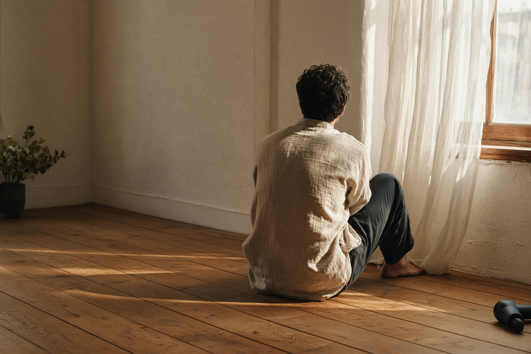 Someone sitting by a window after movement, oatmeal linen, a massage gun set down on the floor