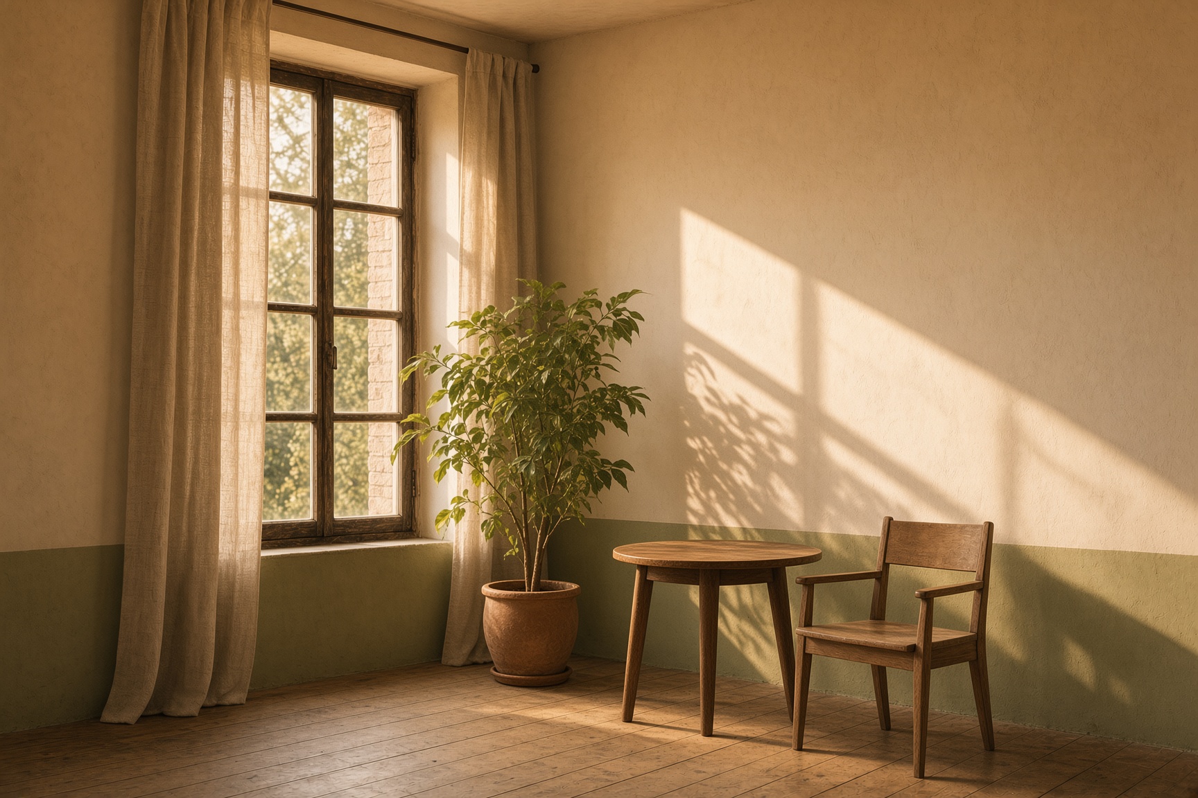 A quiet room with a wooden chair, tall window, and geometric shadows on plaster walls
