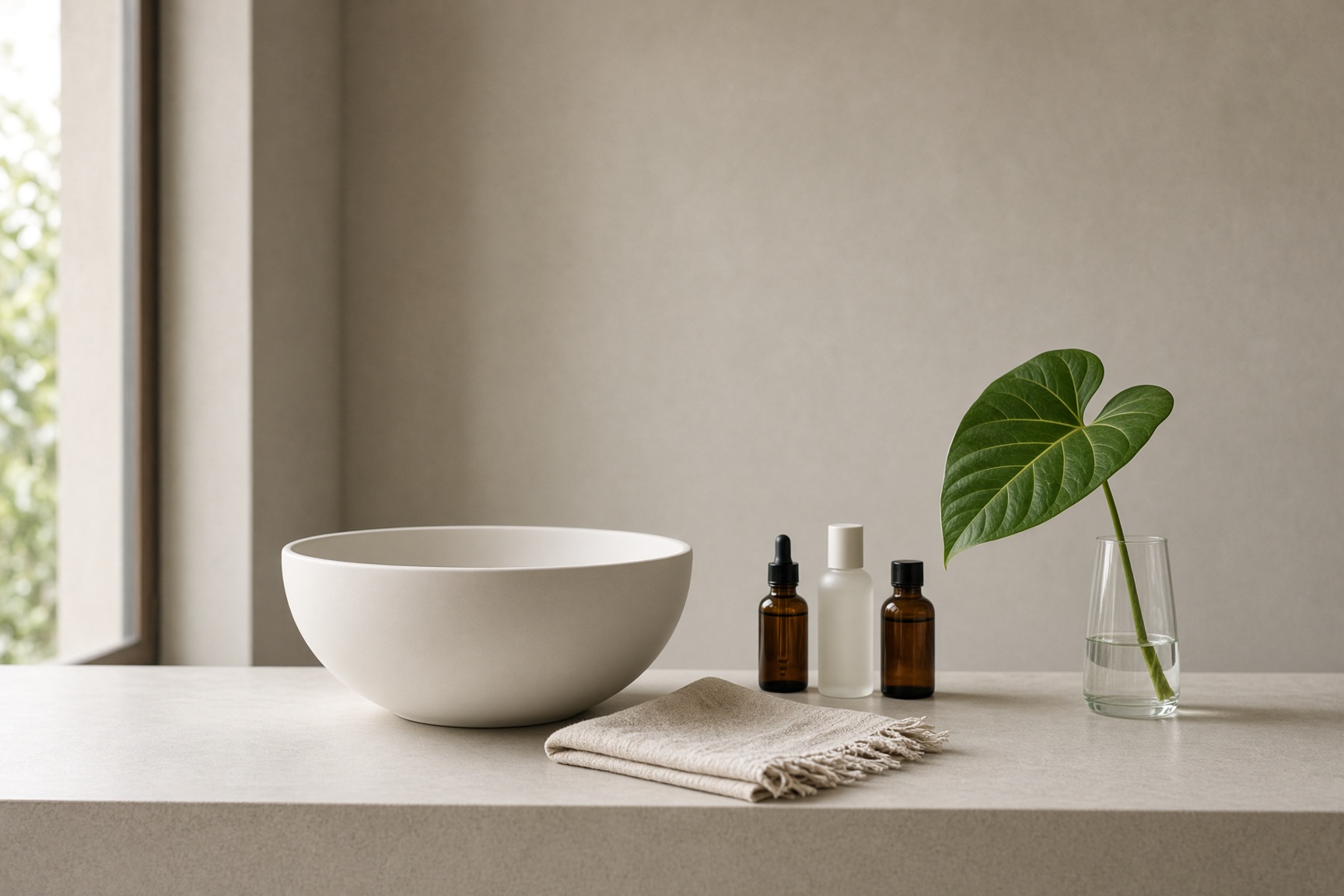 A ceramic bathroom sink with three simple bottles and a folded oatmeal towel in morning light