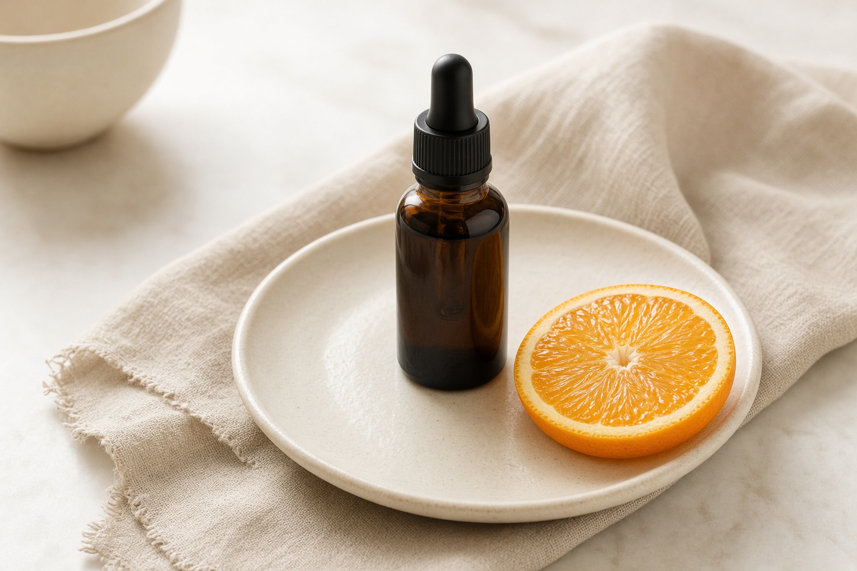 An amber dropper bottle, a slice of citrus, and a ceramic plate on linen in soft daylight