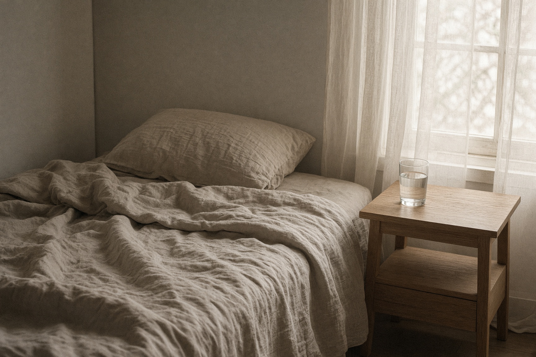 An unmade bed in first light, rumpled linen, a glass of water on a wooden nightstand
