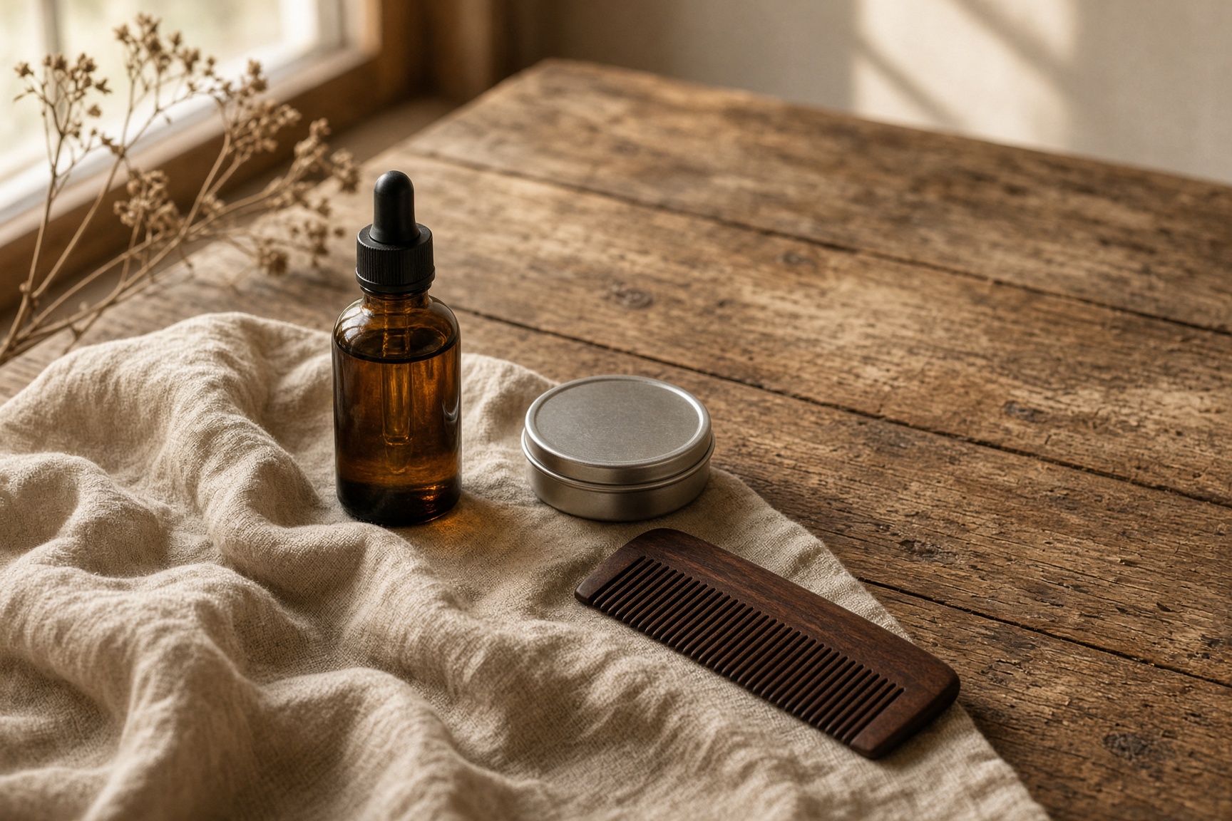 Amber beard oil, a round tin of balm, and a dark wooden comb on an oak table in window light